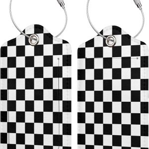 2 Pack Luggage Tags for Travel PU Leather Luggage Tag Name ID Labels with Privacy Cover for Suitcases Women Men Kids Girls (Black and White Grid)